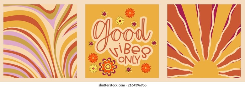 Set groovy retro poster with flower, quotes and abstract. Hippie slogan good vibes only and psychedelic background in set. Retro groovy vector illustration.