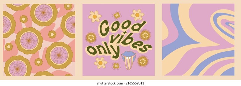 Set groovy retro poster with flower, quotes and abstract. Hippie slogan good vibes only and psychedelic background in set. Retro groovy vector illustration.