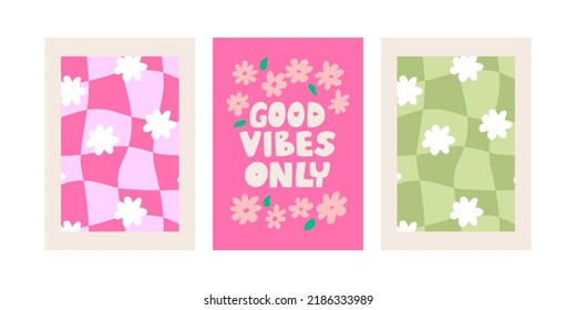 Set of groovy retro posters in 00s, 90s, y2k style. Distorted psychedelic cage, good vibes only lettering and flowers. Wavy checkerboard. Vector illustration