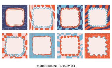 Set of groovy retro posters with checkered, striped and wavy textures, decorated with hand drawn doodle frames. Whimsical style adds playful charm for wall art, covers, flyers and creative design.