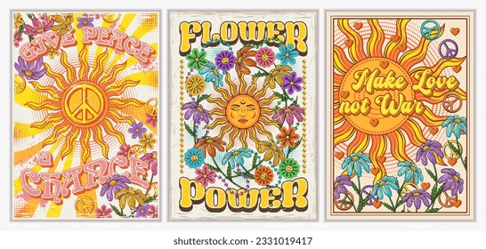 Set of groovy retro posters with sun, sunbeams, chamomile flowers, peace sign, text. Peaceful antiwar concept. Bright summer vintage illustration.