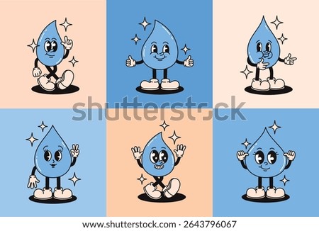 Set of groovy retro raindrop characters. Flat vector illustration.