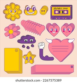 Set of groovy retro stickers. 70s, 80s, 90s cartoon style. Audio cassette tape, hearts, flowers with eyes and smile. Nostalgia collection of labels. Retro comic characters, message box. Sticker pack