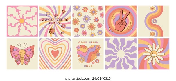 Set of groovy retro style cards with hippie symbols. Good vibes only slogan, daisy flowers seamless pattern, butterfly, sunburst, twisted waves and peace sign