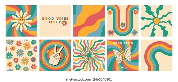 Set of groovy retro style cards in rainbow color. Good vibes only slogan, daisy flowers seamless pattern, butterfly, sunburst, twisted waves and peace sign