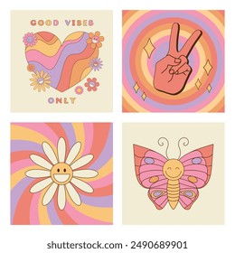 Set of groovy retro style cards with hippie symbols. Good vibes only slogan, daisy flower, butterfly, sunburst, twisted waves and peace sign