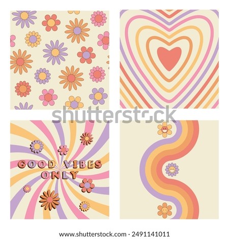 Set of groovy retro style cards with hippie symbols. Good vibes only slogan, daisy flowers seamless pattern, heart, sunburst, twisted waves and peace sign
