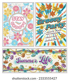 Set of groovy retro veritcal posters, horzontal banner with chamomile flowers, text. Good vibes, party, celebration concept. Bright summer vintage illustration.