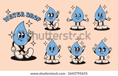 Set of groovy retro water drop characters. Flat vector illustration.