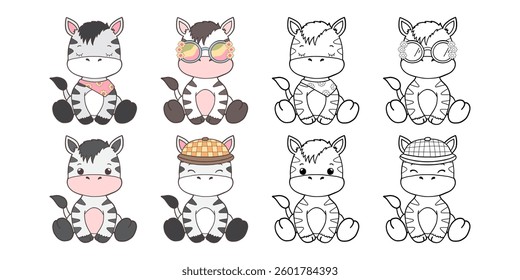 Set of Groovy Safari Animal Collection Vector, Hand Drawn Zebra Color and Outline Coloring Page for Book Animals for Kids.