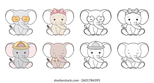 Set of Groovy Safari Animal Collection Vector, Hand Drawn Elephant Color and Outline Coloring Page for Book Animals for Kids.