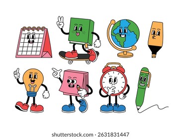 set of groovy school supplies retro mascot character, funny 