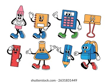 set of groovy school supplies retro mascot character, funny crayon make heart hand, notebook ok, calculator thumps up, binder clip, ruler, science test tube presenting, colored pencil, backpack walk