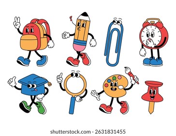 set of groovy school supplies retro mascot character, funny backpack walk, pencil whistle, paper clip, alarm clock yarn, mortarboard thumps up, magnifying glass, colored palette and brush, pushpin