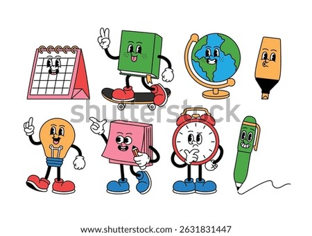 set of groovy school supplies retro mascot character, funny 