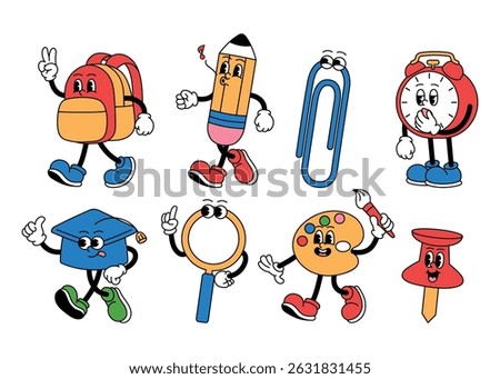 set of groovy school supplies retro mascot character, funny backpack walk, pencil whistle, paper clip, alarm clock yarn, mortarboard thumps up, magnifying glass, colored palette and brush, pushpin
