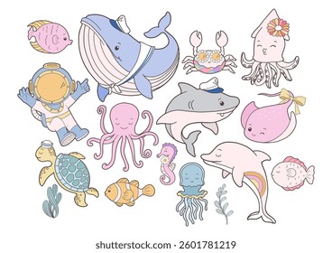 Set of Groovy Sea Animal Collection Vector, Hand Drawn Octopus Squid Whale Stingray Seahorse Jellyfish Dolphin Turtle Shark, Vingtage Diver Cartoon Animals for Kids.