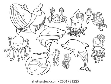 Set of Groovy Sea Animal Collection Vector, Hand Drawn Octopus Squid Whale Stingray Seahorse Jellyfish Dolphin Turtle Shark Outline Coloring Page or Book Animals for Kids.