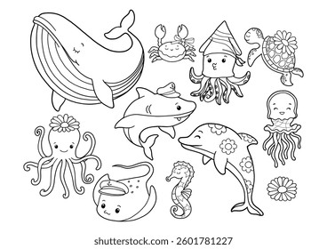 Set of Groovy Sea Animal Collection Vector, Hand Drawn Octopus Squid Whale Stingray Seahorse Jellyfish Dolphin Turtle Shark Outline Coloring Page or Book Animals for Kids. 