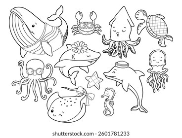 Set of Groovy Sea Animal Collection Vector, Hand Drawn Octopus Squid Whale Stingray Seahorse Jellyfish Dolphin Turtle Shark Outline Coloring Page or Book Animals for Kids.