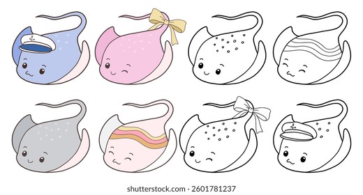 Set of Groovy Sea Animal Collection Vector, Hand Drawn Stingray Color and Outline Coloring Page for Book Animals for Kids.