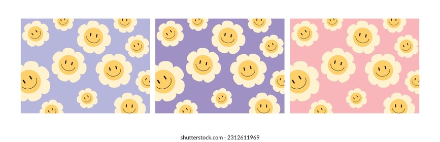 Set of groovy seamless patterns with funny happy daisy smile backgrounds in trendy retro trippy y2k style.