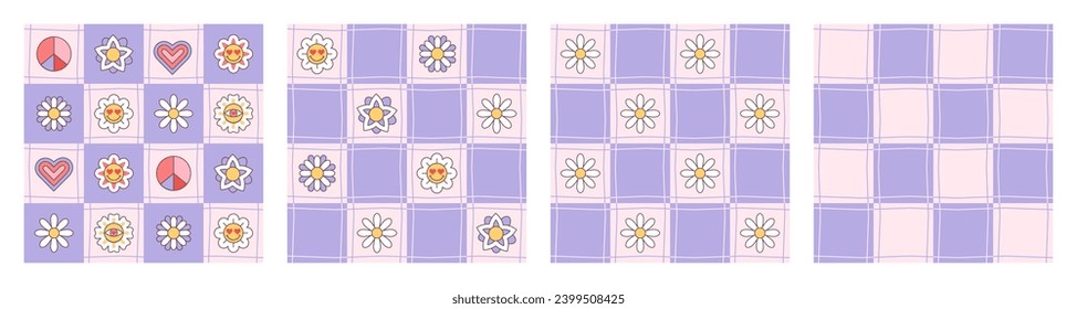  Set of Groovy seamless patterns with smiling happy flowers, hearts and checkerboard grid. vector background in trendy retro 1970 style. Fun hippie texture for design