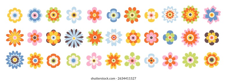 Set of groovy simple flowers. Abstract colorful flowers. Floral geometric design. Vector illustration in flat style