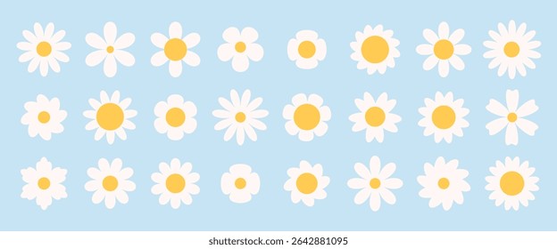 Set of groovy simple flowers. Abstract various flowers. Floral geometric design. Vector illustration in flat style