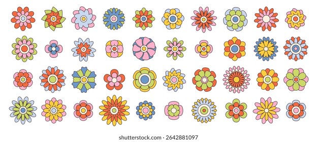Set of groovy simple flowers. Abstract colorful flowers. Floral geometric design. Vector illustration in flat style