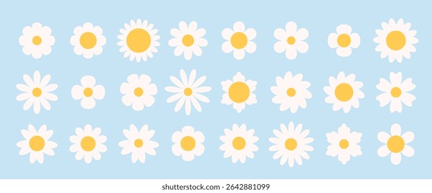 Set of groovy simple flowers. Abstract various flowers. Floral geometric design. Vector illustration in flat style