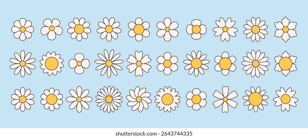 Set of groovy simple flowers. Abstract floral geometric design. Vector illustration in flat style