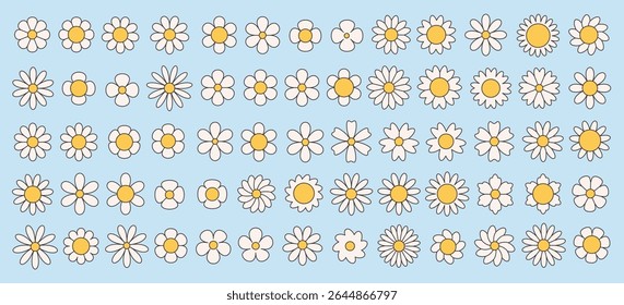 Set of groovy simple flowers. Abstract floral geometric design. Vector illustration in flat style