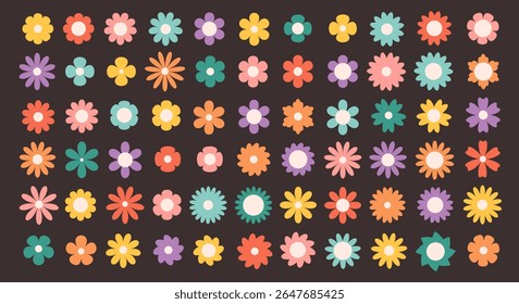 Set of groovy simple flowers. Abstract colorful flowers. Floral geometric design. Vector illustration in flat style