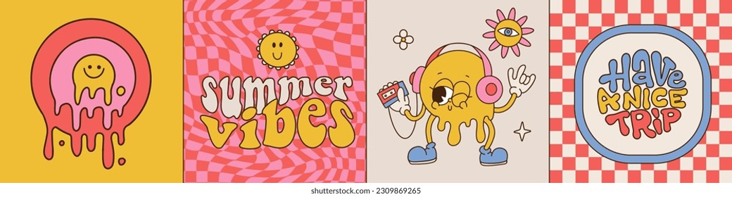 Set of groovy square cards with Melting Smiling faces with phrases - Summer vibes, Have a nice trip. Yellow groovy emoji, dripping melty funny character and lettering, 70s hippie psychedelic card