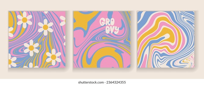 Set of Groovy square posters in 70-80s retro hippie style for print design. Spiral fluid vector illustration. Psychedelic print. Vintage background. Cover, wallpaper in 60s, 70s hippie aesthetics.