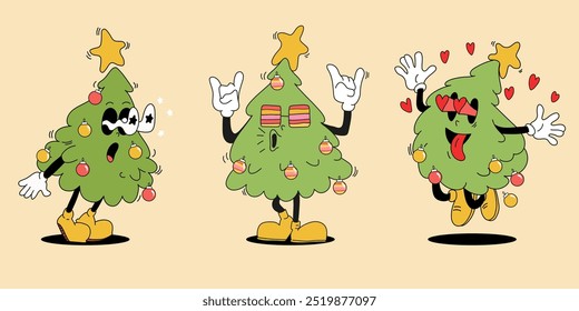 Set groovy sticker,  christmas tree with balls holding a star Christmas toy. Funny retro cartoon character in trendy groovy style. 60 -70s vibes. Merry Christmas and Happy New Year.