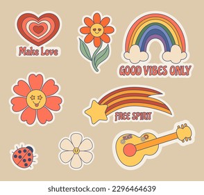 Set Of Groovy Stickers. Heart, Daisy Flower, Rainbow And Guitar, Comet And Lady Bug. Hippie Culture Isolated Patches. Trendy Positive Funky Style Elements. Cartoon Vector Illustration