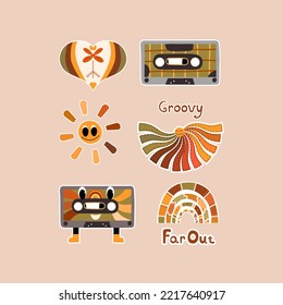 Set of groovy stickers in hippie style, 70s, 60s. Bright rainbow with the inscription Far out, audio cassette character, soontse emoticon, heart. Vector illustration