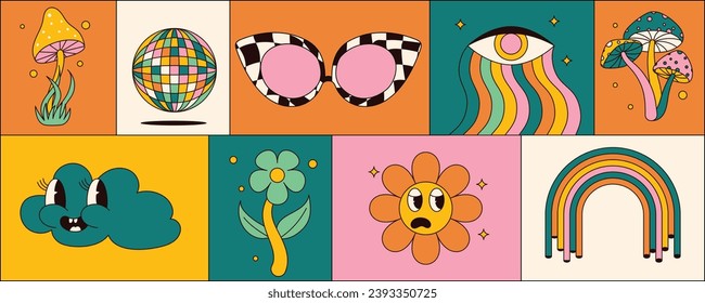 Set of groovy stickers. Mushrooms, rainbow, flower, eyes, sunglasses and more. 70s-inspired vector graphics.