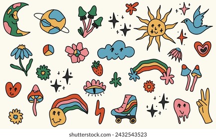 A set of groovy stickers in the style of the 60s. Rainbow, sun, mushrooms, peace sign, smile, peace sign, flowers, crescent, planet, cloud dove of peace. Hand drawn vector illustration.