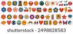 Set Of Groovy Stickers Vector Design. Collection Of Acid Trippy Icons. Emoji Smile Happy Comic Characters. Funky Retro Pop Art Illustrations. Cool Cute Cartoon Patches.