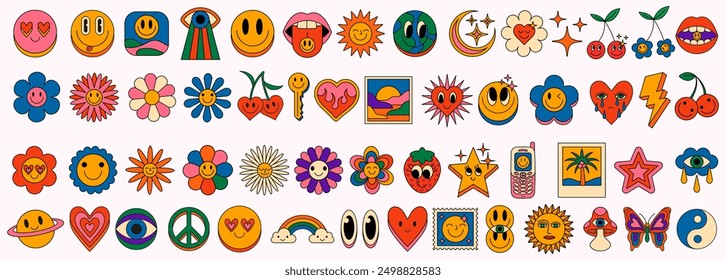 Set Of Groovy Stickers Vector Design. Collection Of Acid Trippy Icons. Emoji Smile Happy Comic Characters. Funky Retro Pop Art Illustrations. Cool Cute Cartoon Patches.