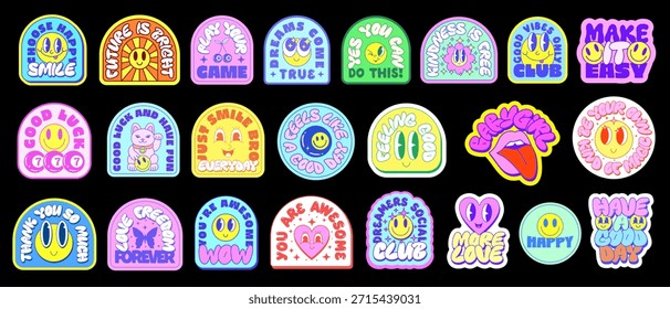 Conjunto De Pegatinas Groovy Diseño De Vector. Colección De Cool Y2k Paches Elementos De Arte Pop. Divertidos personajes de sonrisa juguetona. Caras Funky. 