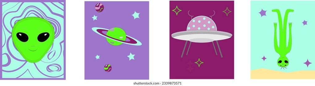 set of groovy stories. UFO, aliens, space and cosmos elements. Trendy cute design.