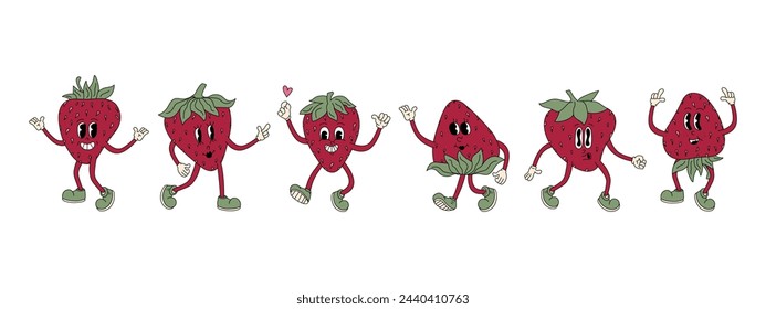 Conjunto de personajes de fresa estupendos. Iconos de frutas retro del vector aislados en el fondo blanco.
