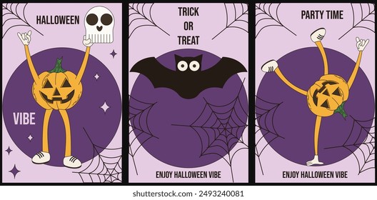 Set Groovy style Halloween poster cover. Helloween theme. Jack lantern character. Pumpkin mascot. Simple flat vector aesthetic card ideal for social media banner postcard.