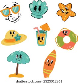 Set Of Groovy summer element cartoon characters. Sup Board, Summer Beach Hat, Seashell, Swimming Float Ring, Umbrella Sand Beach