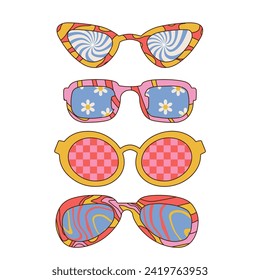 Gafas de sol Groovy en estilo retro hippie de los años 70. Ropa de ojos geométrica abstracta en diferentes formas con patrones de groovía dentro para imprimir en camisetas, tarjetas. Ilustración vectorial lineal dibujada a mano.