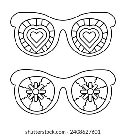 Set groovy sunglasses in a fashionable retro style of the 70s. Fashionable Y2k hippie glasses in monochrome linear retro style.